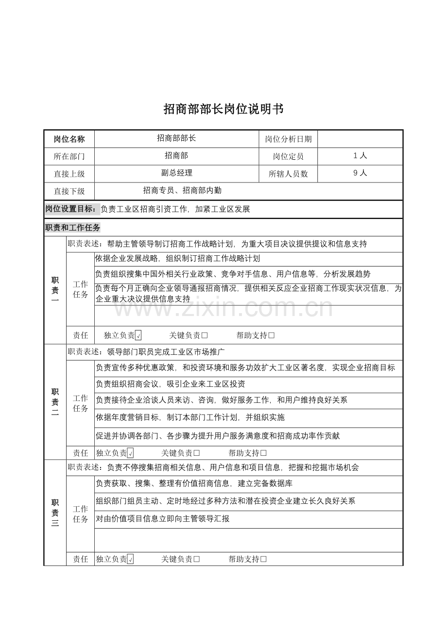 招商部部长的岗位职责样本.doc_第1页