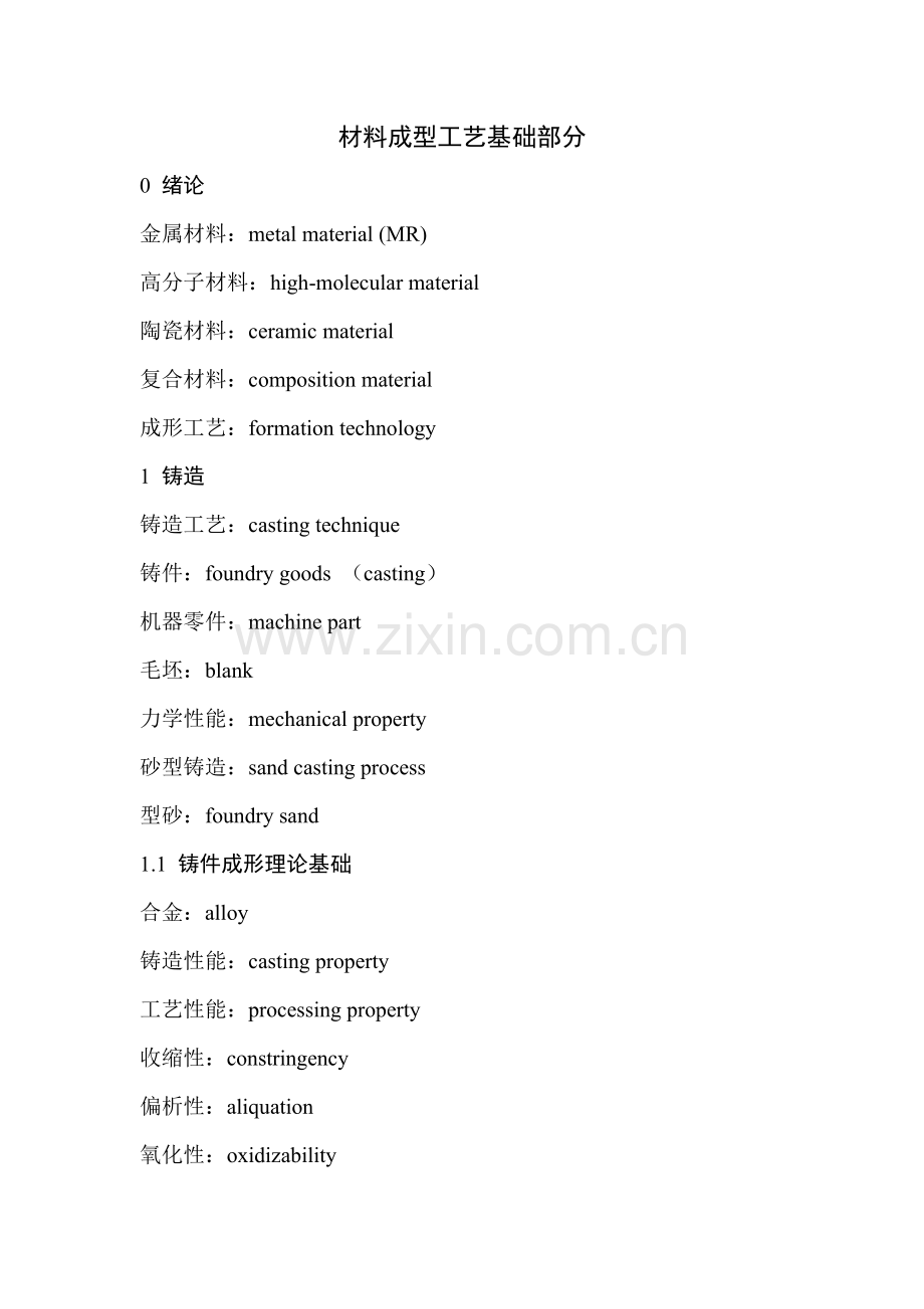 材料成型工艺基础部分中英文词汇对照模板.doc_第1页