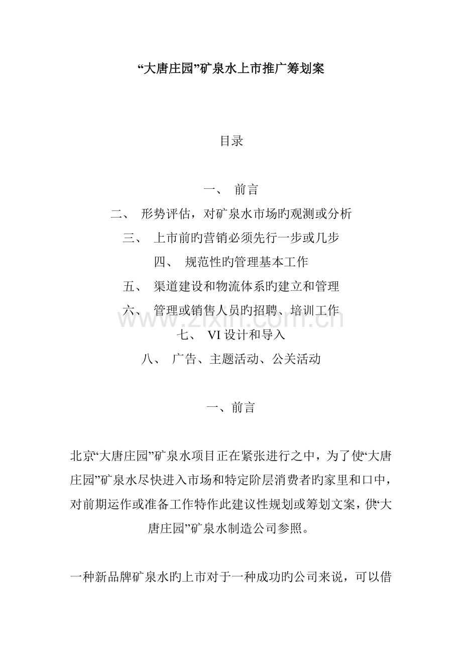 矿泉水上市推广专题策划专题方案研讨.docx_第1页