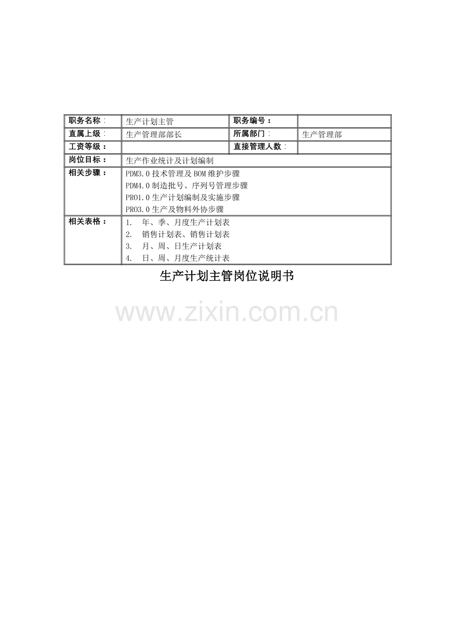 生产管理部生产计划主管岗位职责样本.doc_第1页