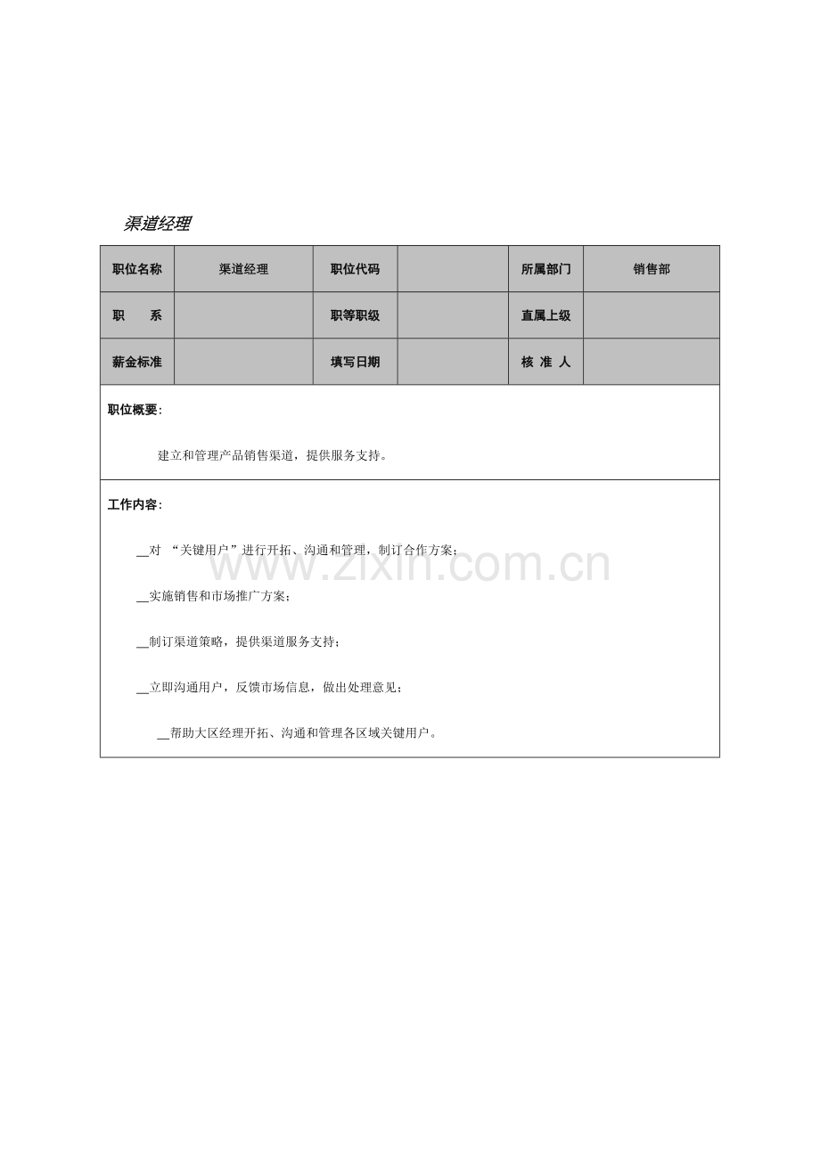 渠道经理岗位说明书模板样本.doc_第1页