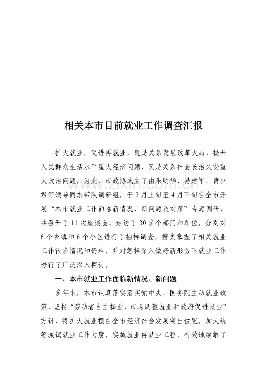 针对我市当前就业工作的调查报告样本.doc_第1页