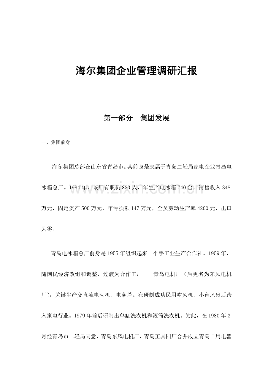 海尔集团企业管理调研报告分析模板样本.doc_第1页