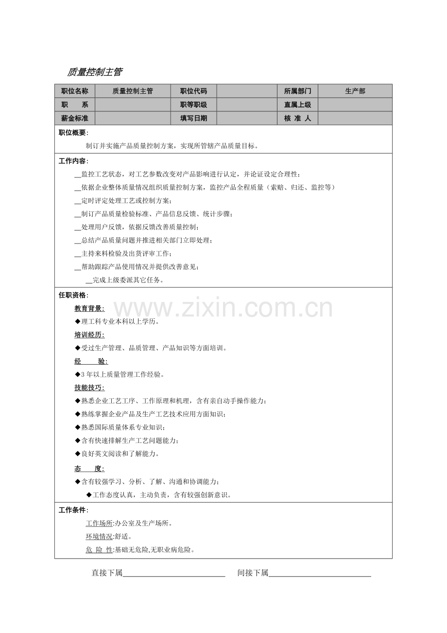 生产部质量控制主管职务说明书样本.doc_第1页