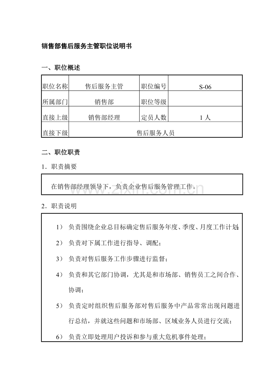 销售部售后服务主管岗位说明书样本.doc_第1页