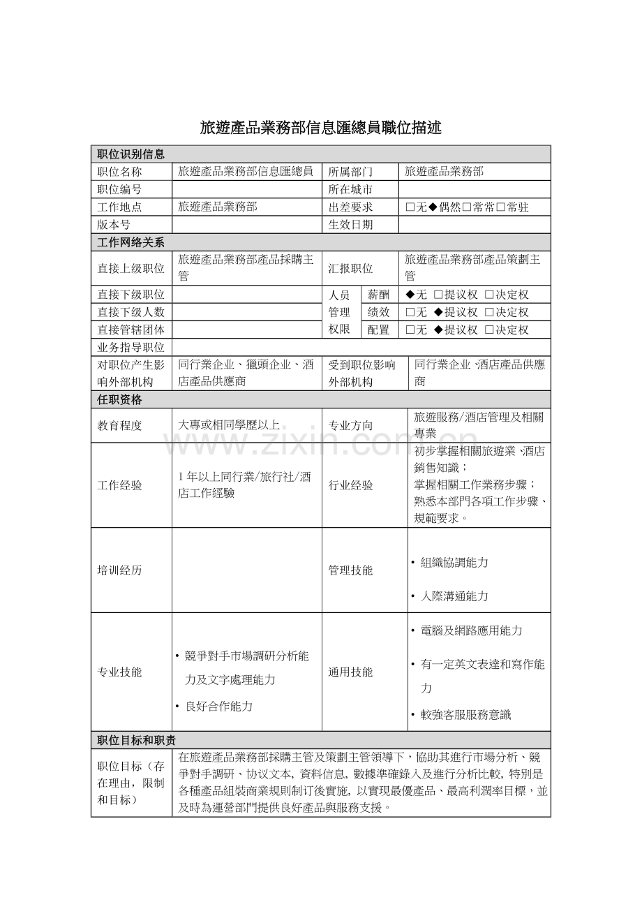 旅游产品业务部信息汇总员岗位职责样本.doc_第1页