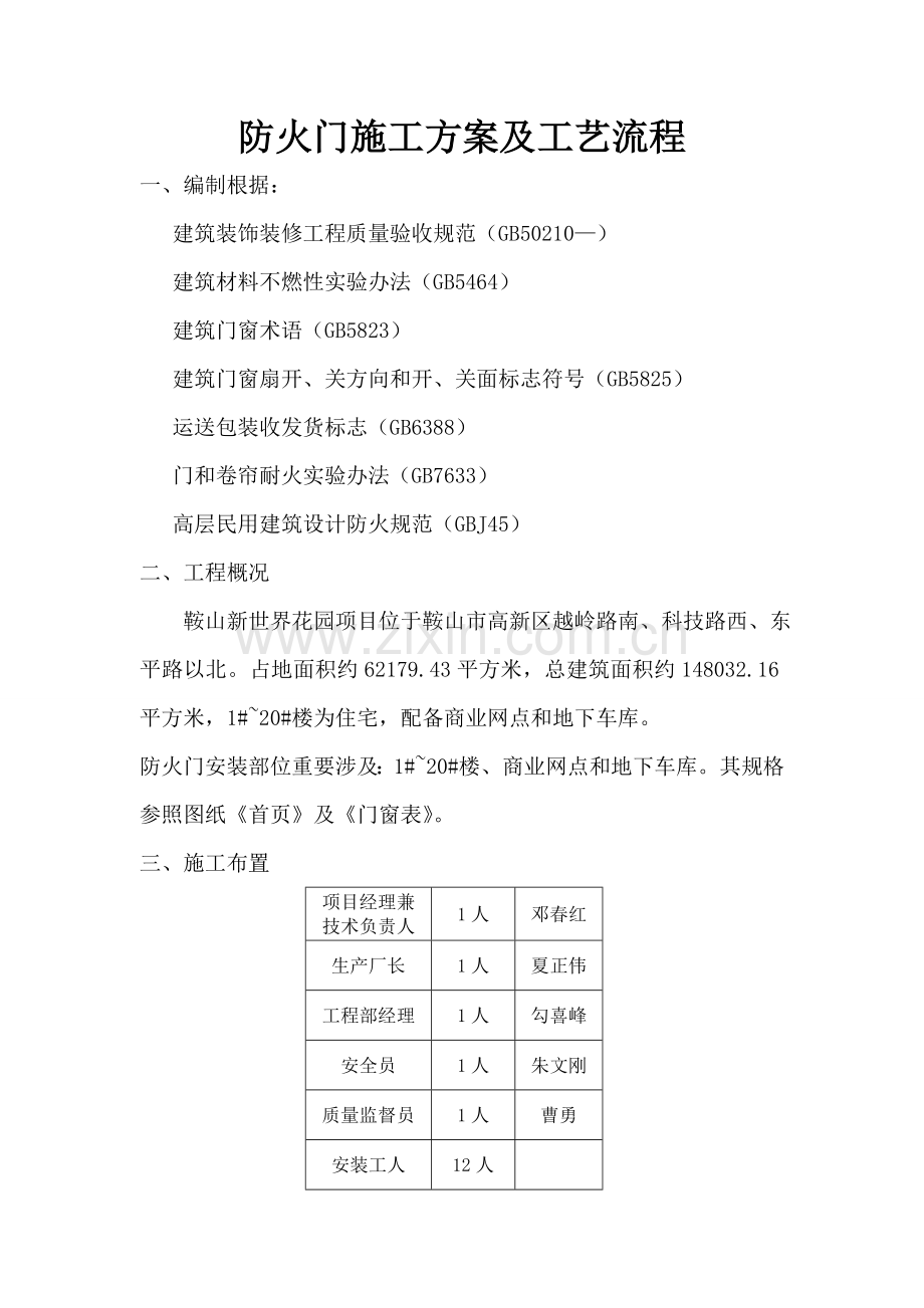 防火门综合项目施工专项方案及基本工艺作业流程.doc_第1页