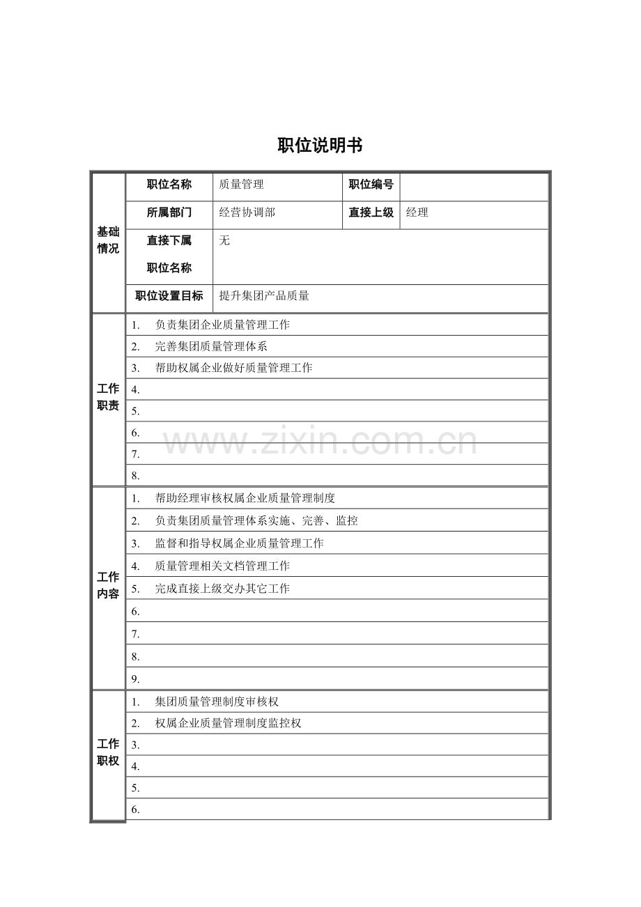 经营协调部质量管理职位说明书样本.doc_第1页