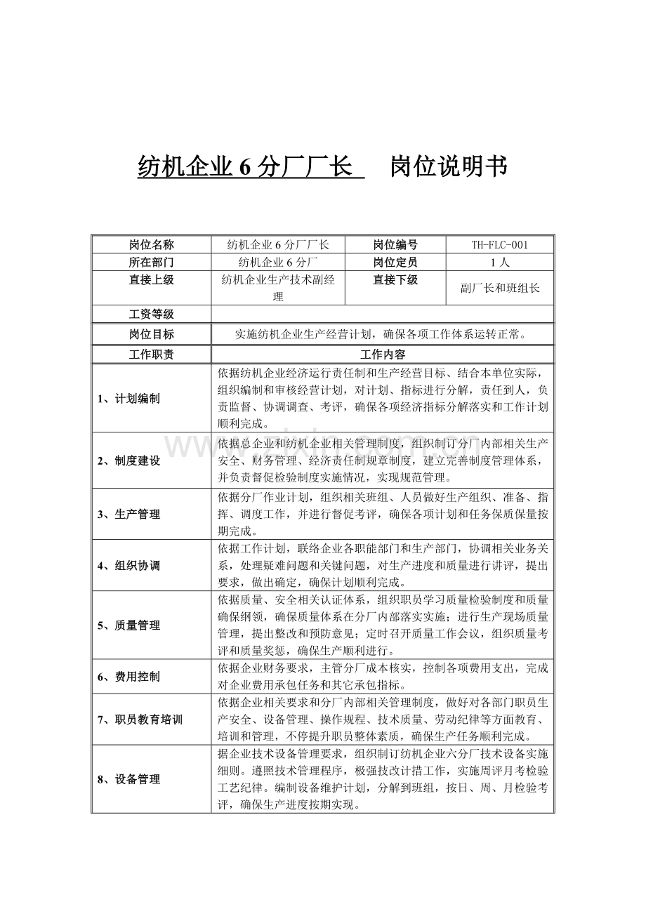 纺机公司分厂厂长的岗位说明书(2)样本.doc_第1页