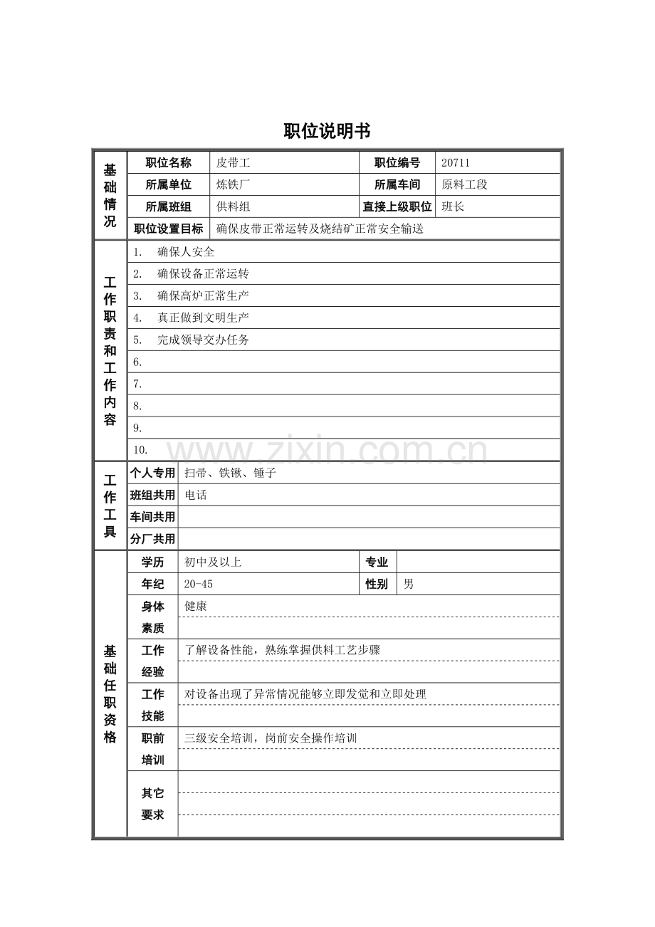 炼铁厂原料工段皮带工岗位职责样本.doc_第1页