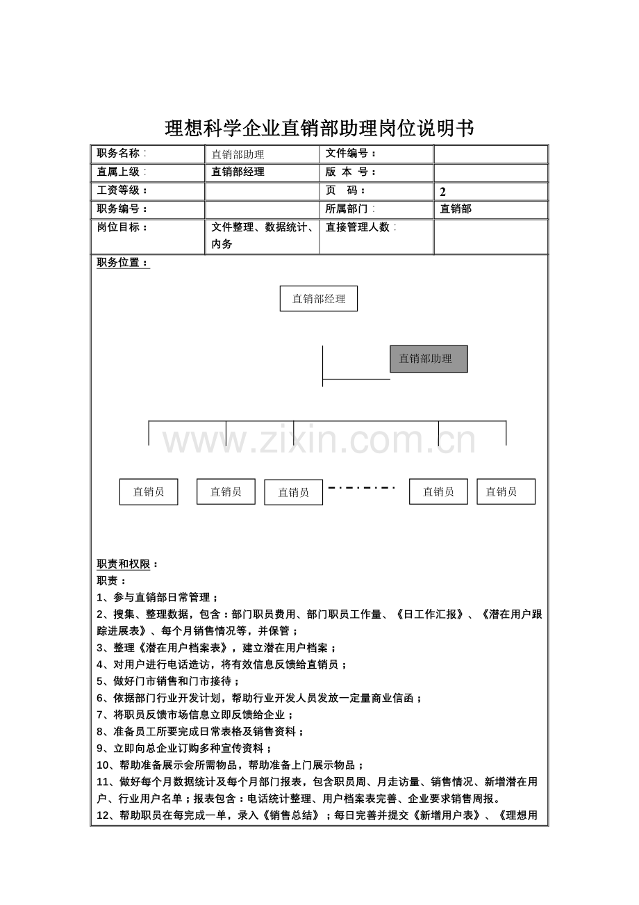 直销部助理岗位职责样本.doc_第1页