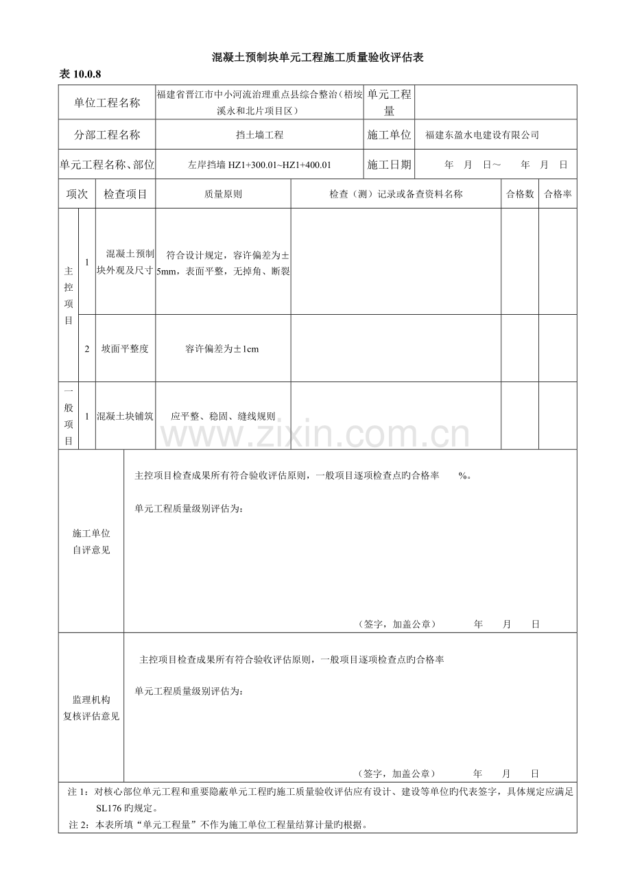 混凝土预制块护坡单元关键工程综合施工质量验收评定表.docx_第1页