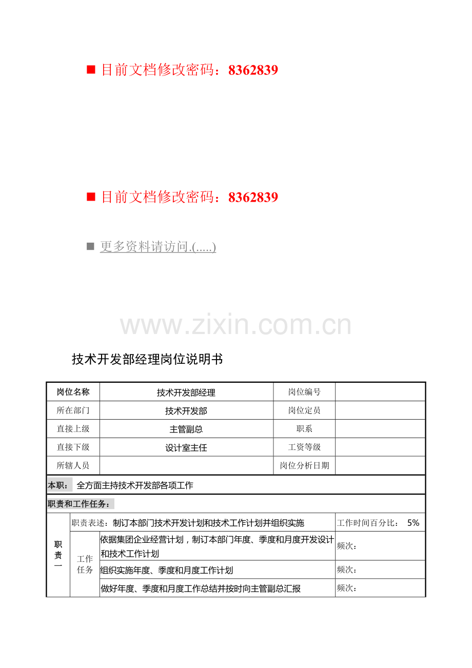 技术开发部经理工作说明书样本.doc_第1页