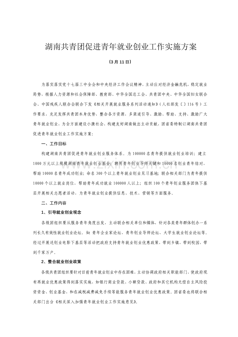 湖南共青团促进青年就业创业工作实施专业方案.doc_第1页