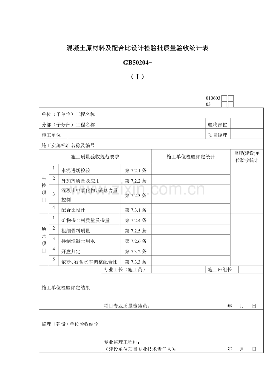 混凝土原材料及配合比设计质量检验表样本.doc_第1页