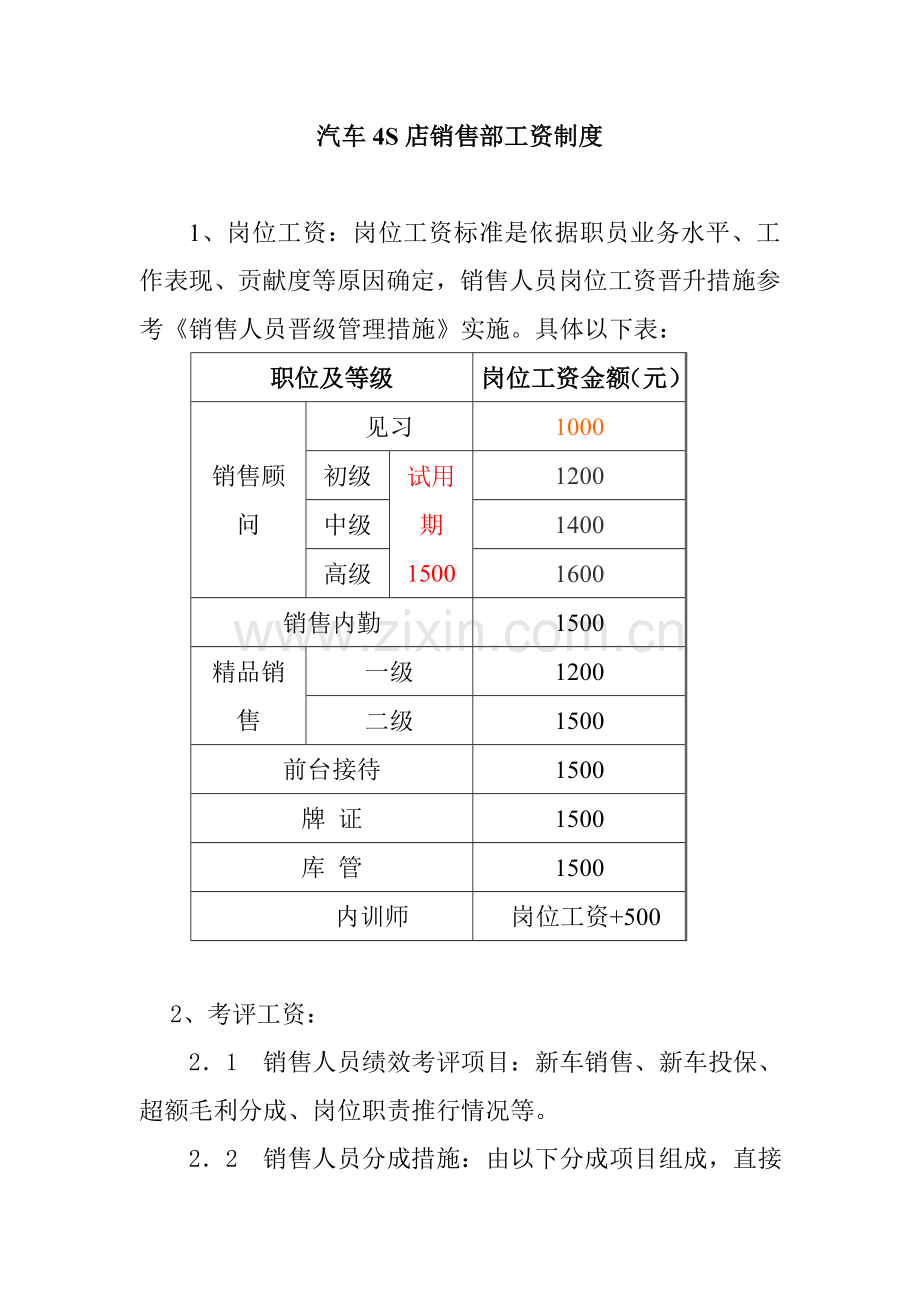 汽车4S店销售部工资制度样本.doc_第1页