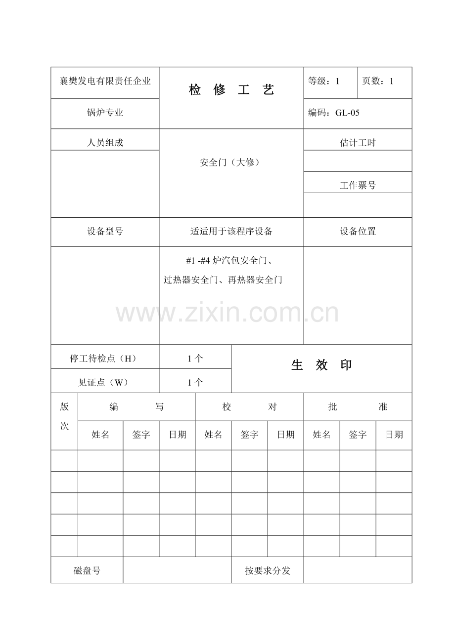 锅炉检修工艺卡安全门模板.doc_第1页