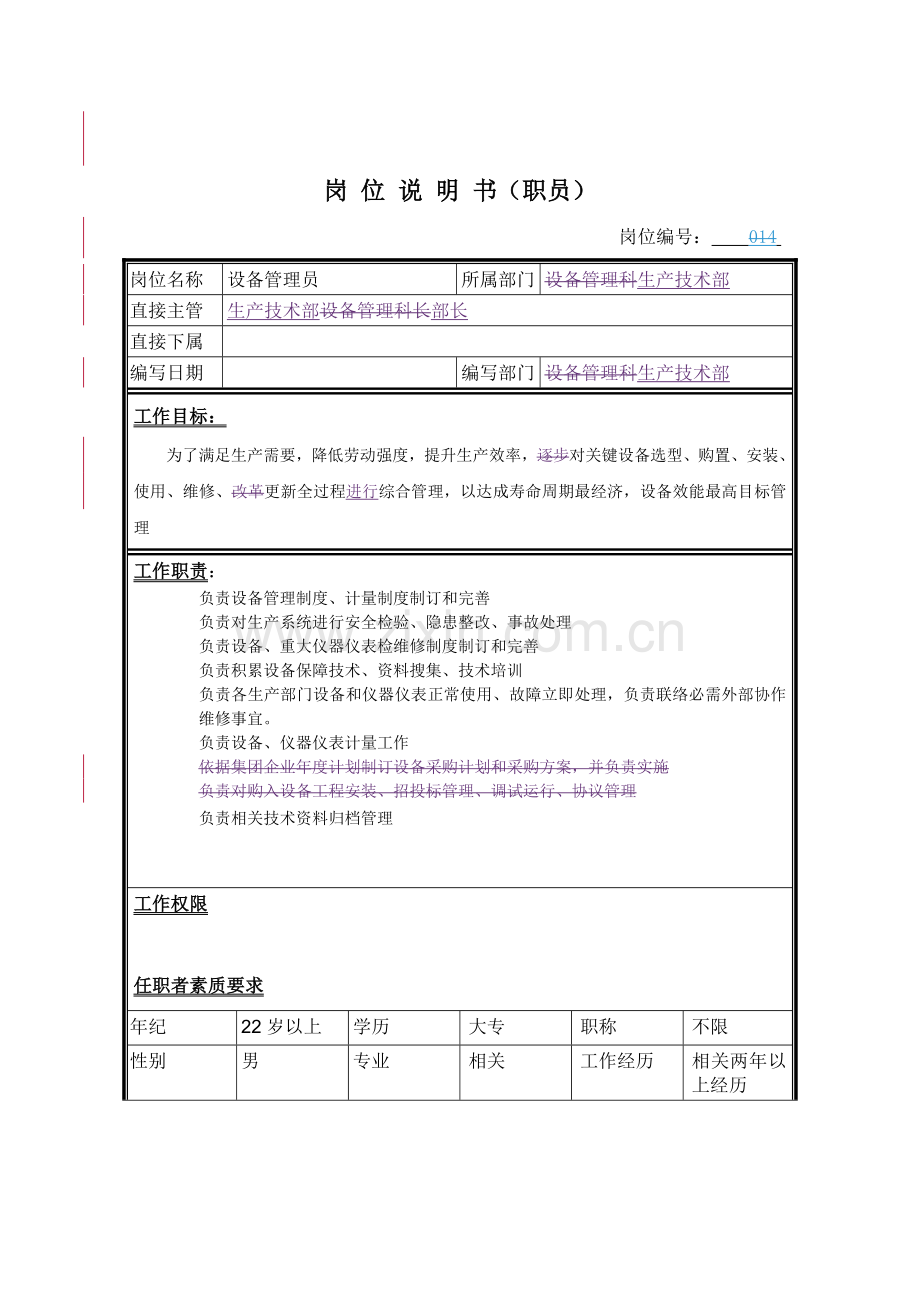 生产技术部设备管理员岗位职责样本.doc_第1页