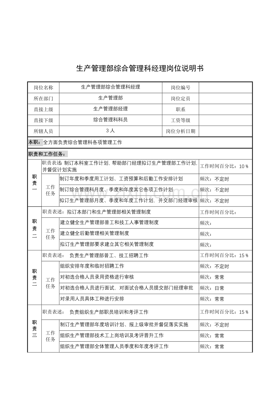 生产管理部综合管理科经理的岗位说明书样本.doc_第1页