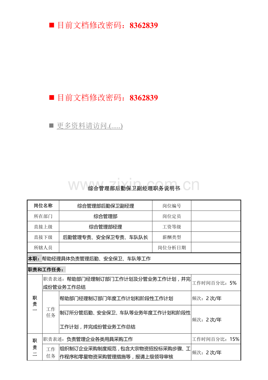 综合管理部后勤保卫副经理岗位职责样本.doc_第1页