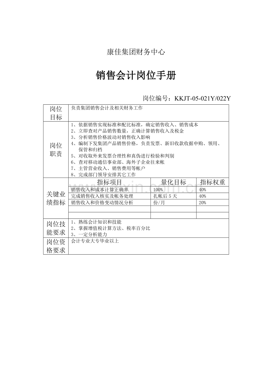 销售会计岗位说明书样本.doc_第1页