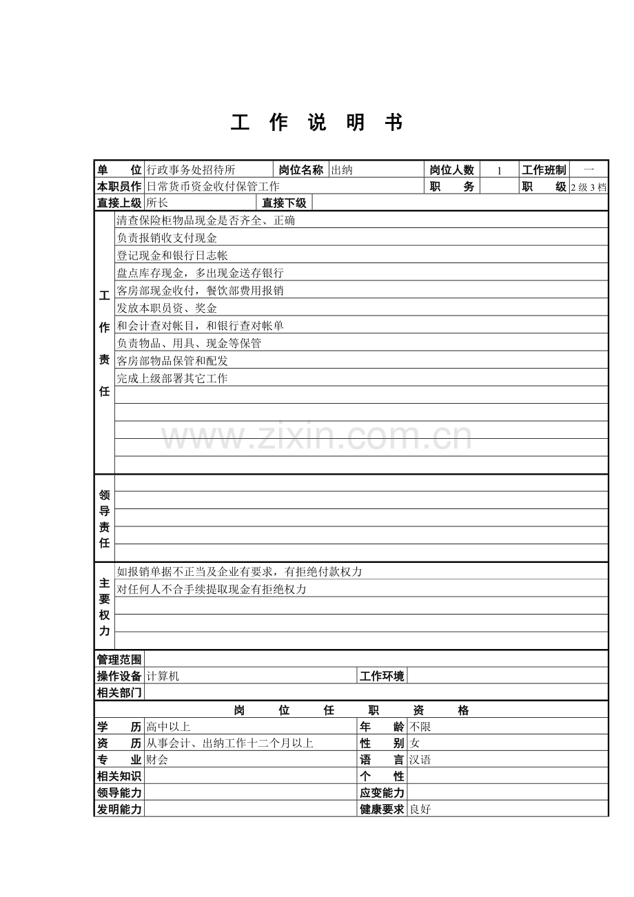 行政事务处招待所出纳职务说明书样本.doc_第1页