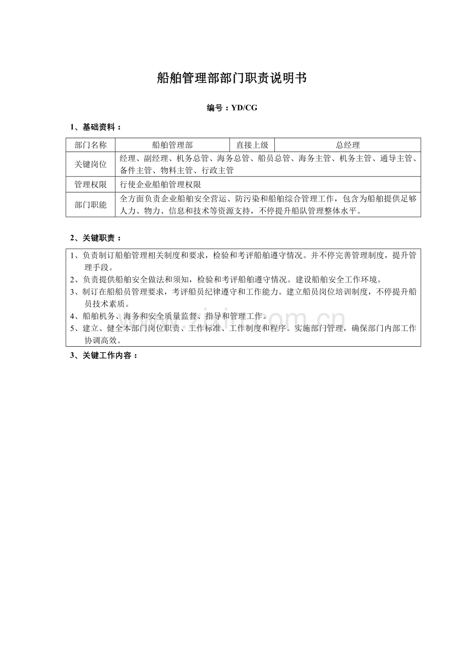 船舶管理部部门职责说明书样本.doc_第1页