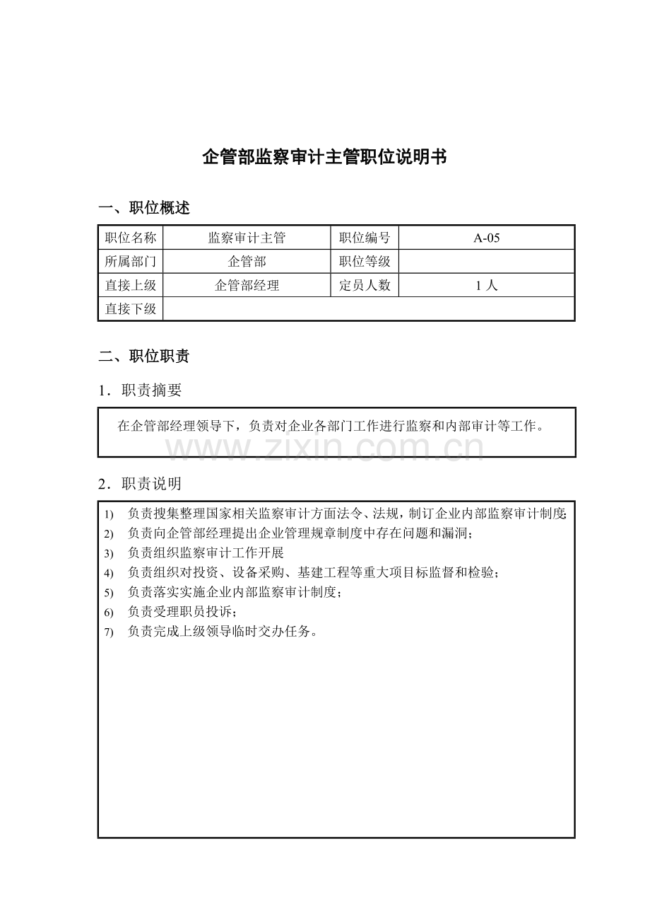 监察审计主管岗位说明书样本.doc_第1页