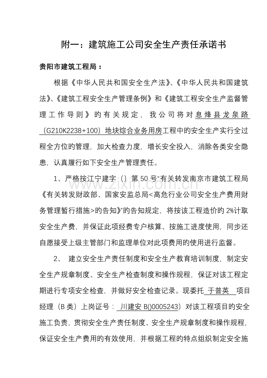 优质建筑综合施工企业安全生产责任承诺书.docx_第1页