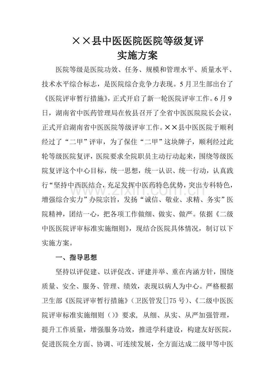 县中医院医院等级复评实施专业方案.doc_第1页