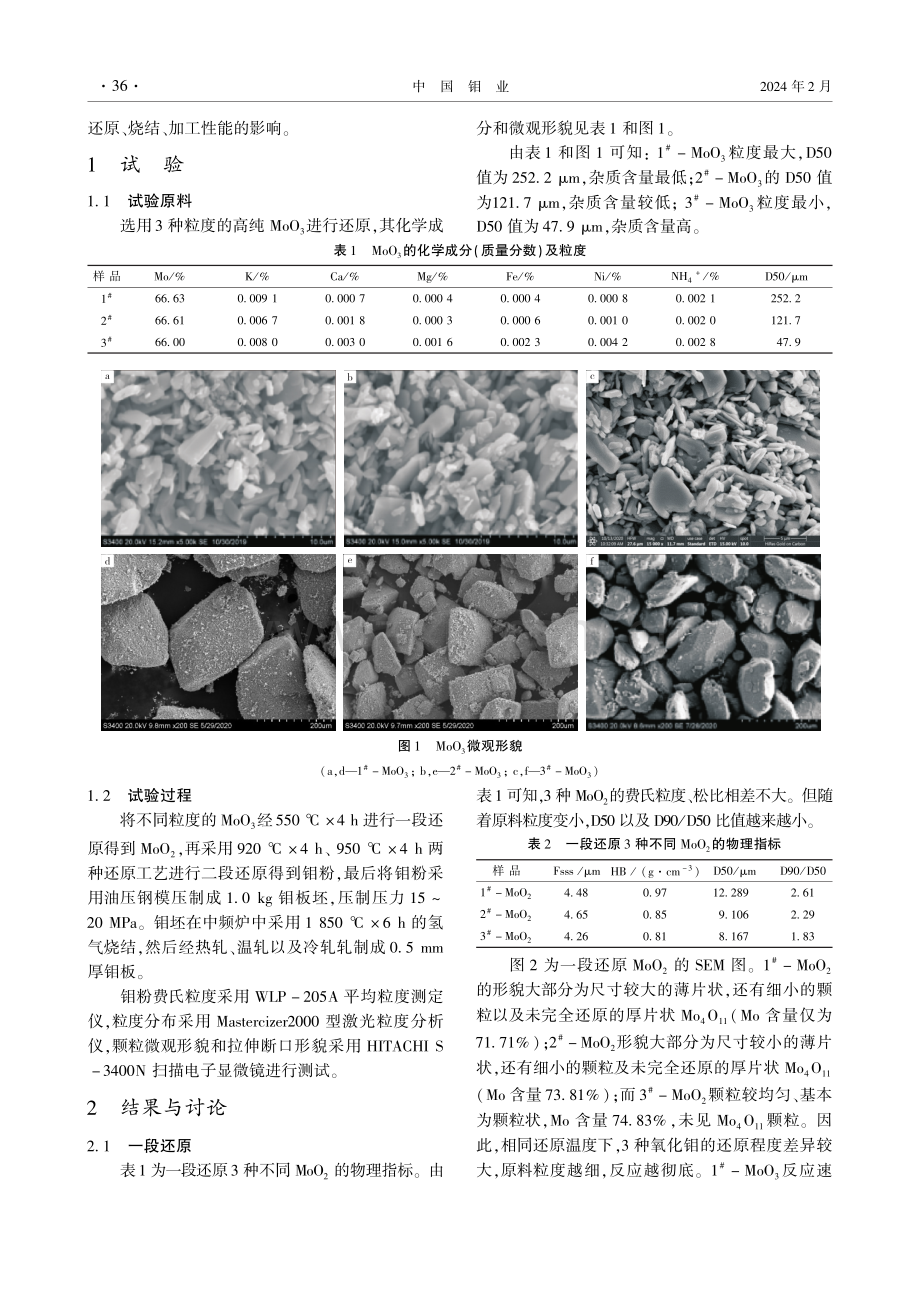 高纯三氧化钼粒度对粉末冶金钼板工艺特性与力学性能影响.pdf_第2页