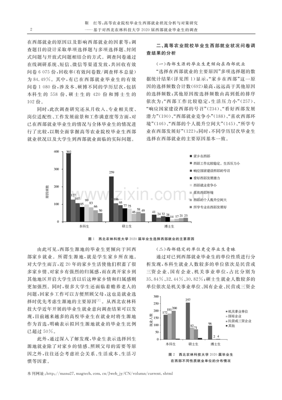 高等农业院校毕业生西部就业状况分析与对策研究--基于对西北农林科技大学2020届西部就业毕业生的调查.pdf_第2页