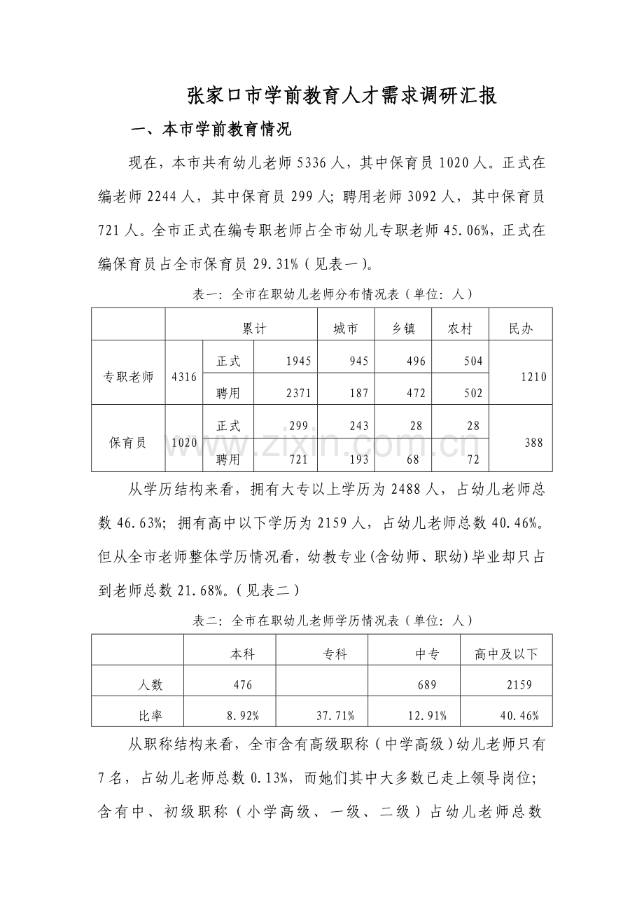 学前教育人才需求调研研究报告.doc_第1页