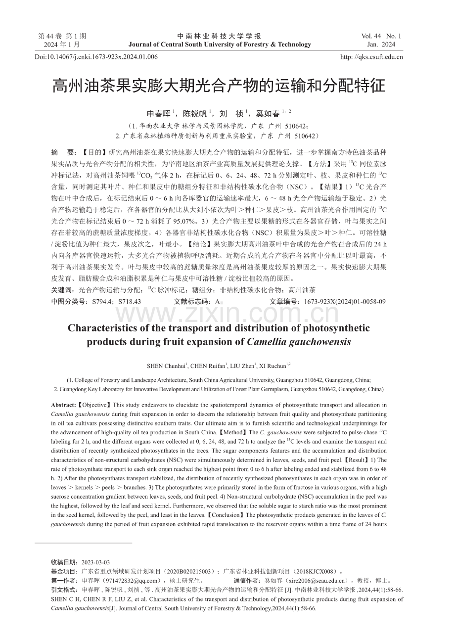 高州油茶果实膨大期光合产物的运输和分配特征.pdf_第1页