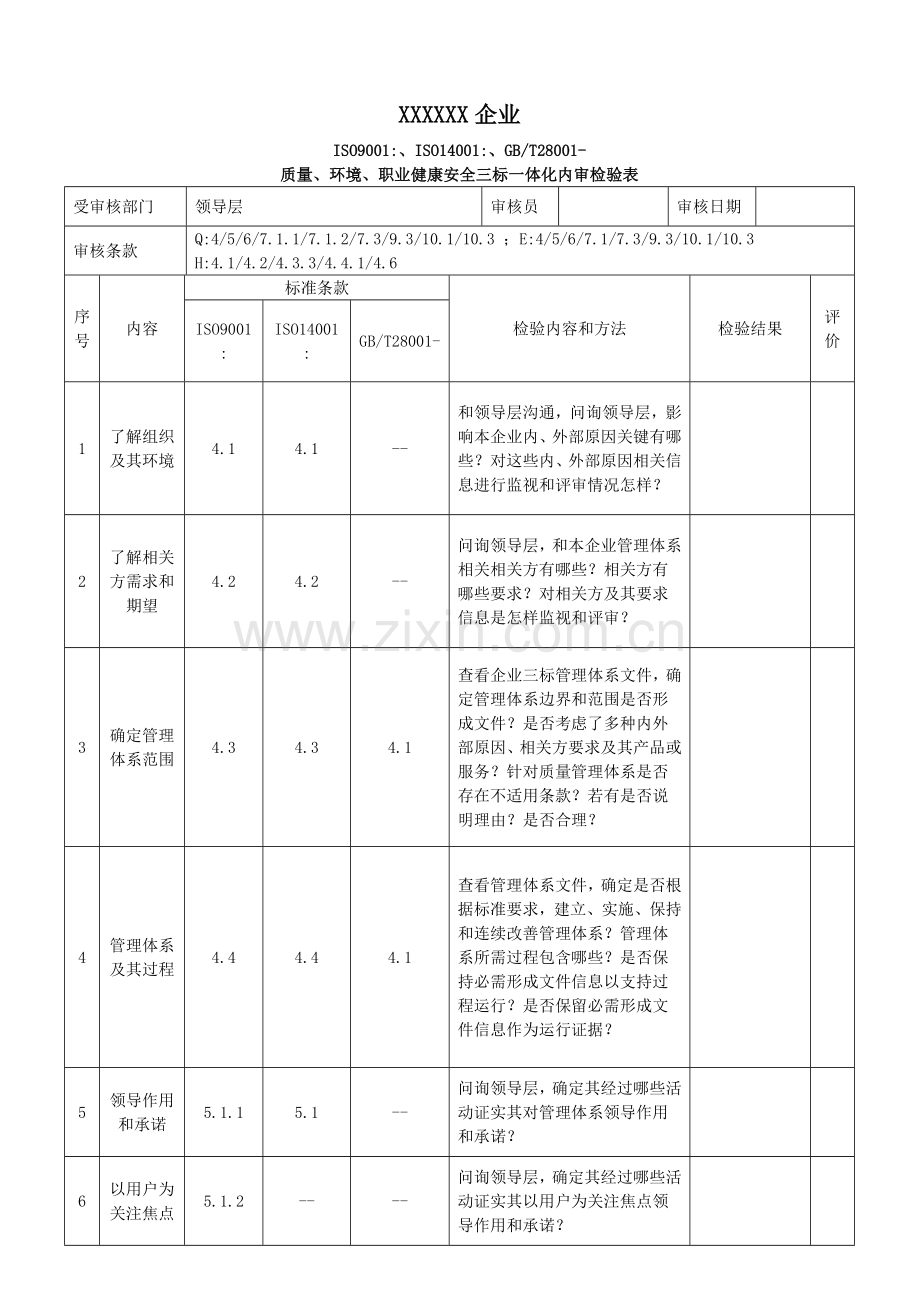 三标一体化管理标准体系内审检查表NEW.doc_第1页