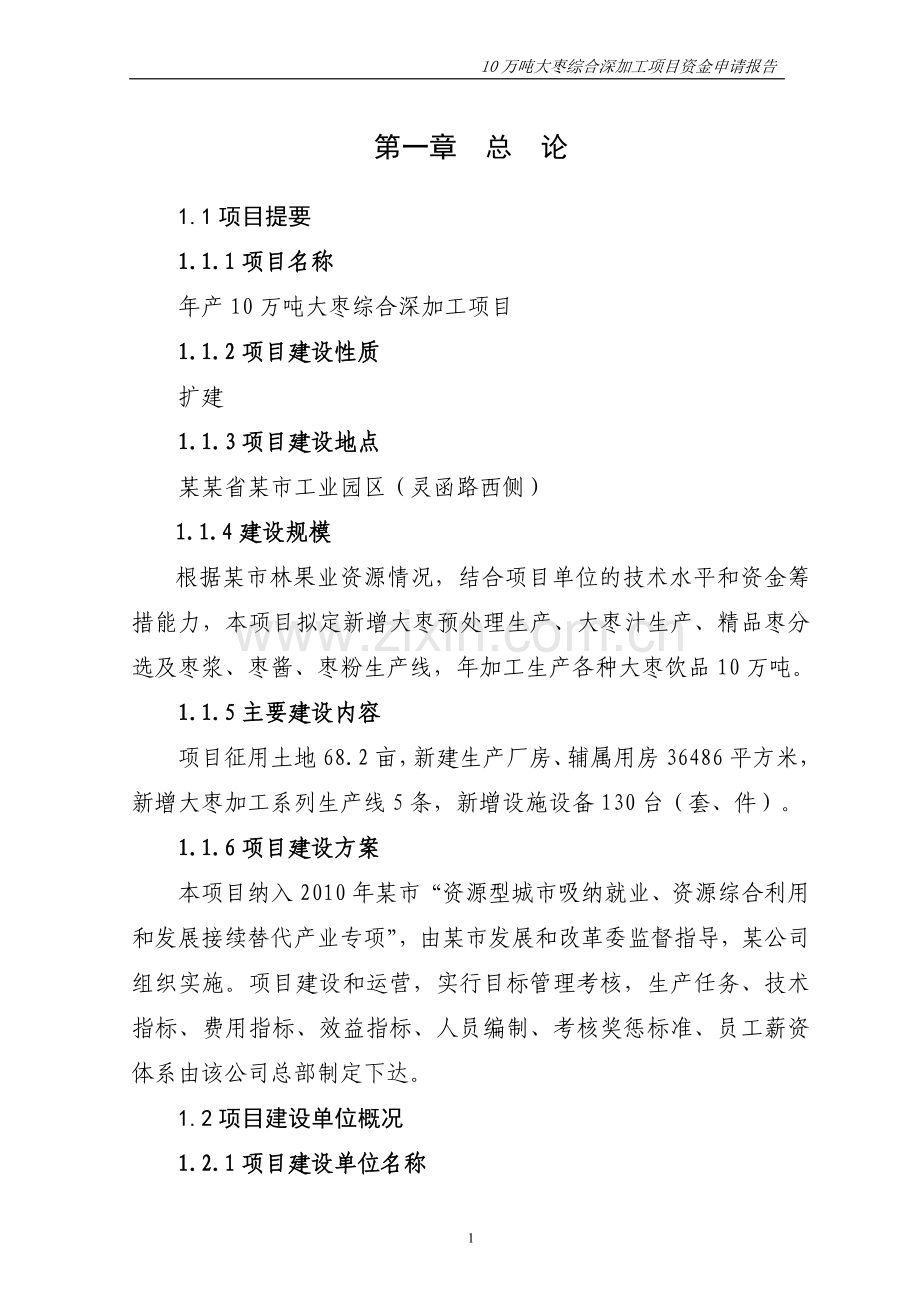 10万吨大枣综合深加工项目资金之建设可行性研究报告.doc_第1页