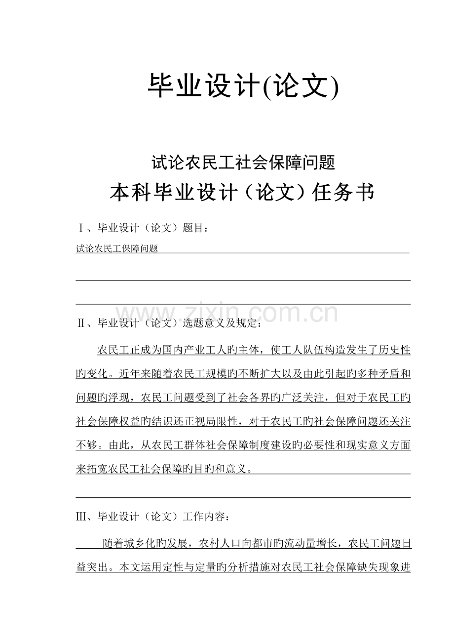 优秀毕业设计试论农民工的社会保障问题.docx_第1页