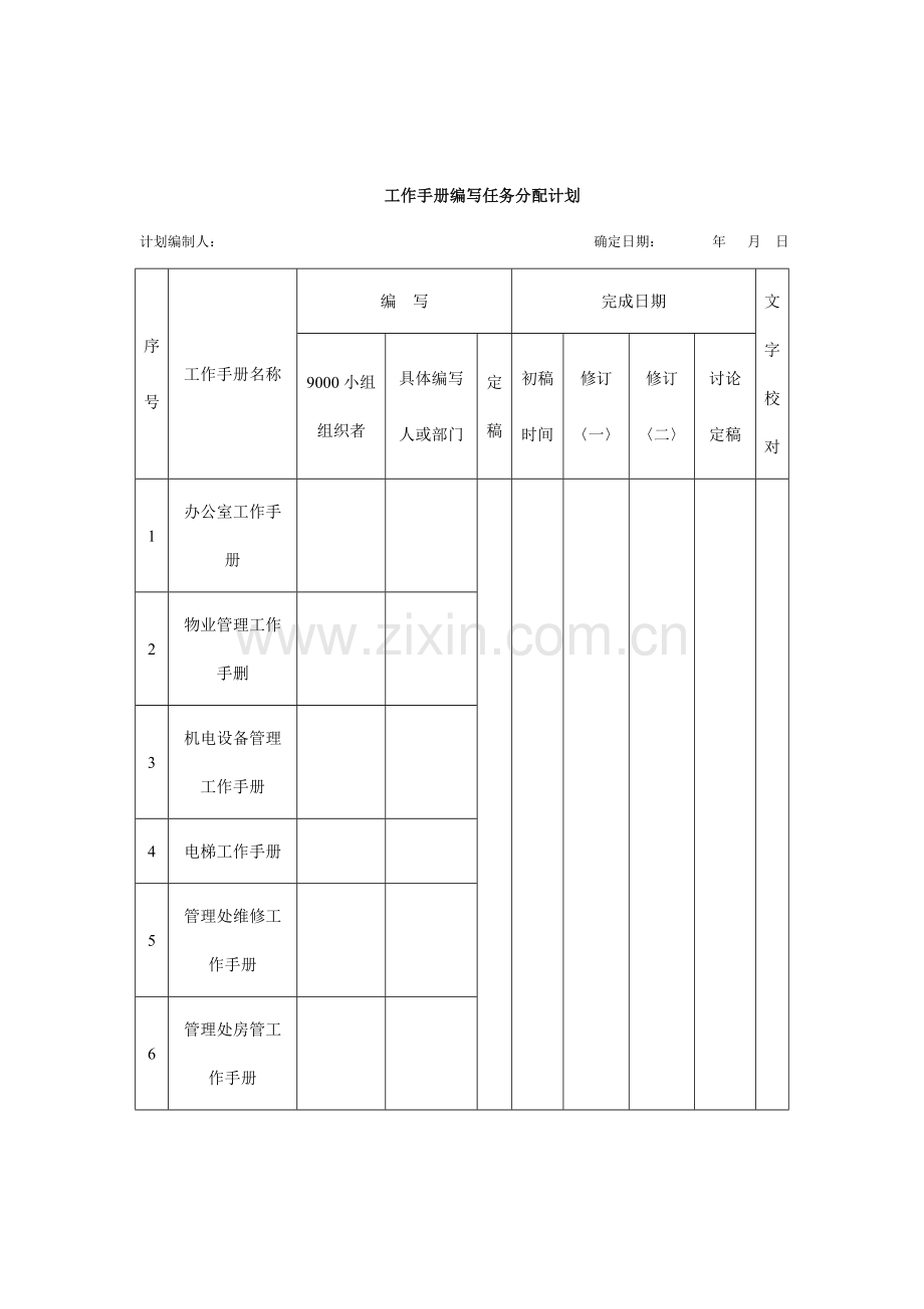 公司工作手册编写任务分配计划模板.doc_第1页