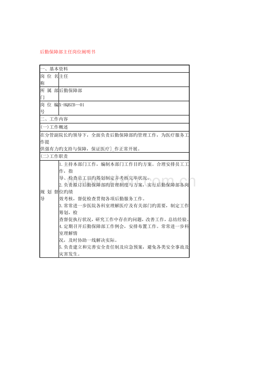 后勤保障部主任岗位专项说明书.docx_第1页