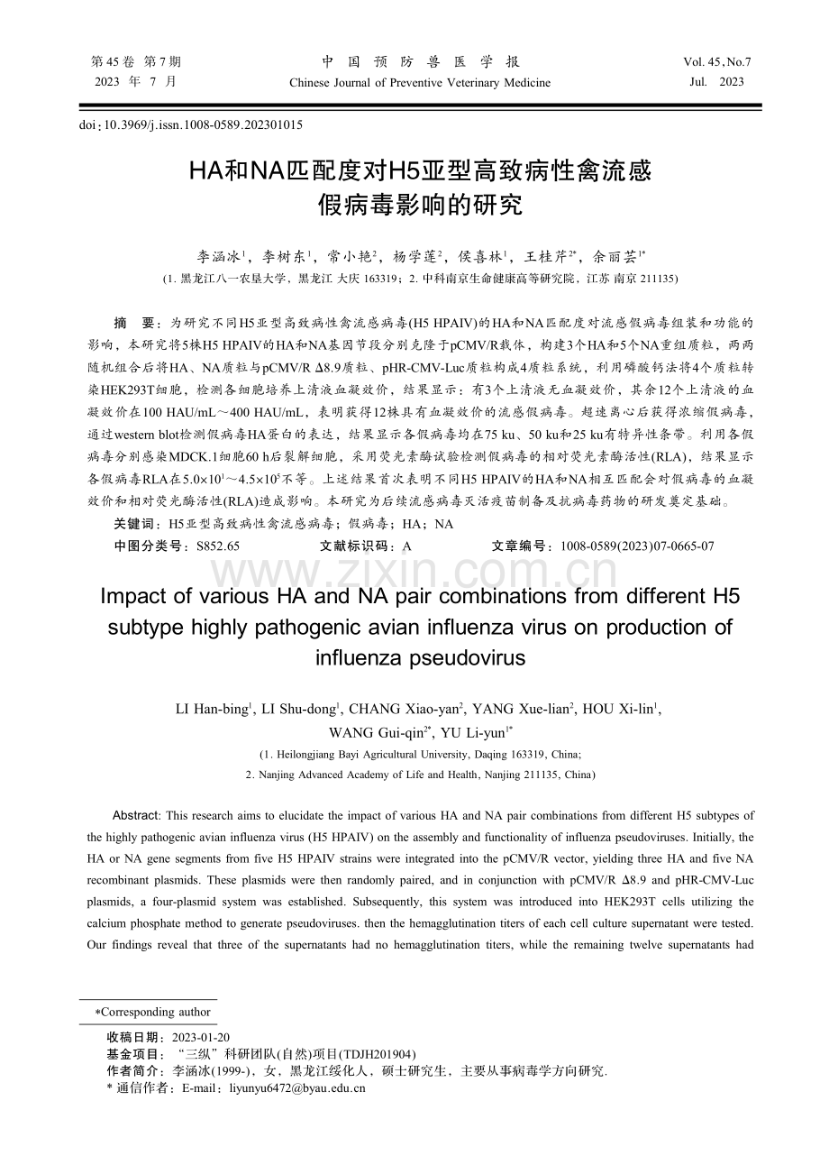 HA和NA匹配度对H5亚型高致病性禽流感假病毒影响的研究.pdf_第1页