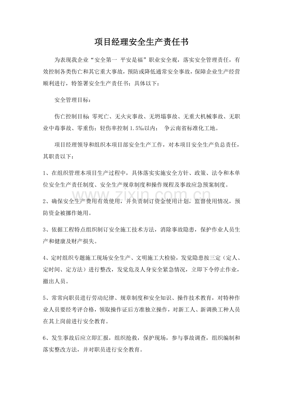 公司项目经理安全生产责任书模板.docx_第1页