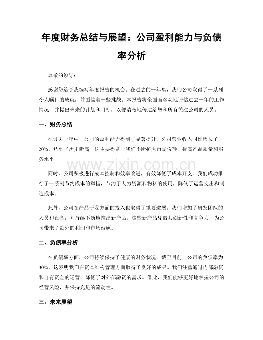 年度财务总结与展望：公司盈利能力与负债率分析.docx_第1页