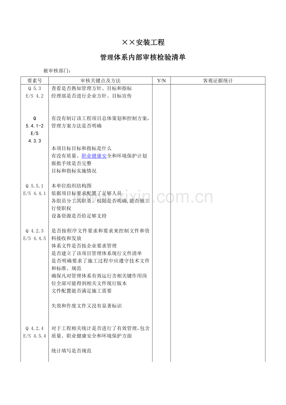 安装公司管理体系内部审核检查清单模板.doc_第1页