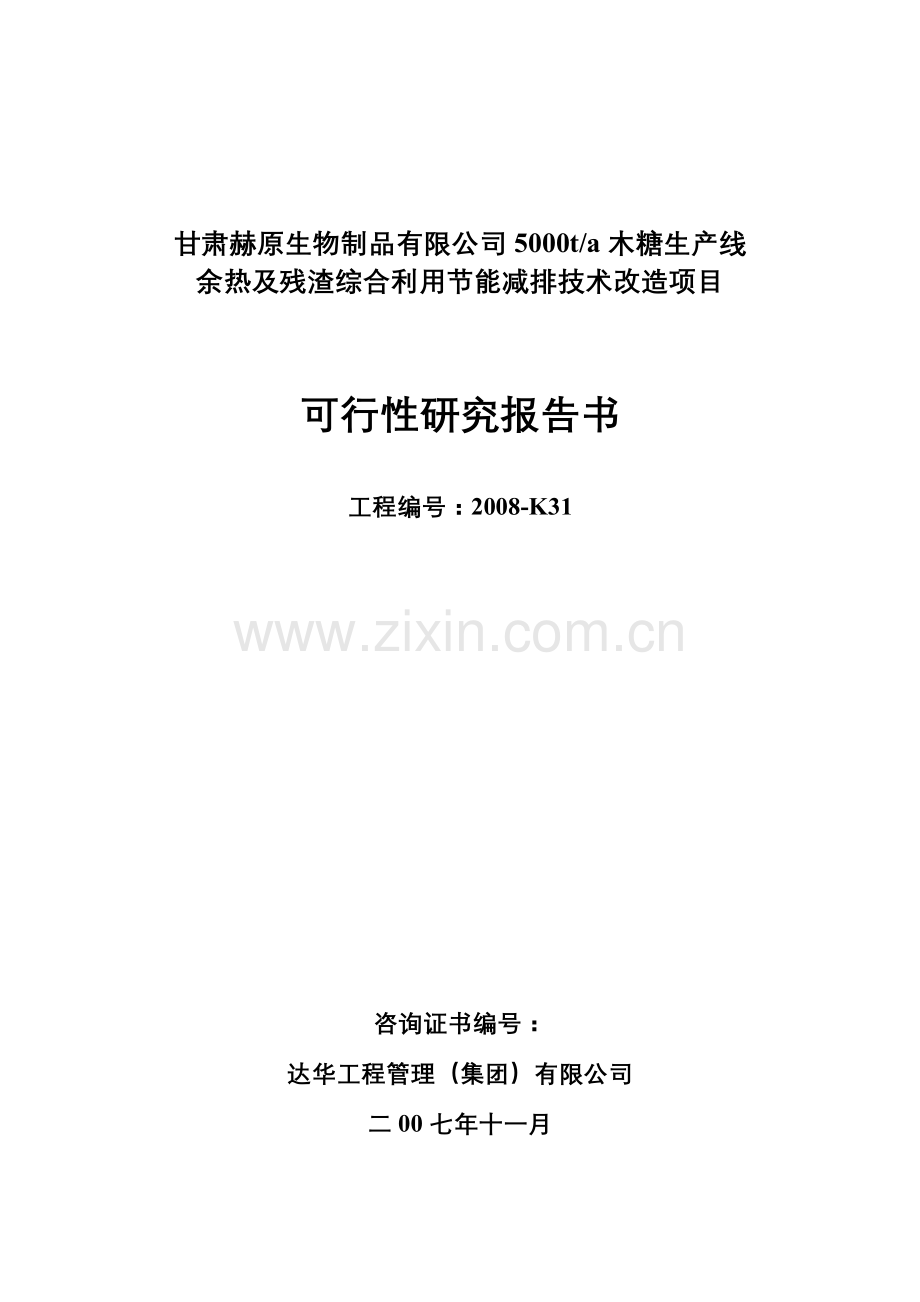 木糖生产线余热及残渣综合利用节能减排技术改造项目可行性研究报告.doc_第1页