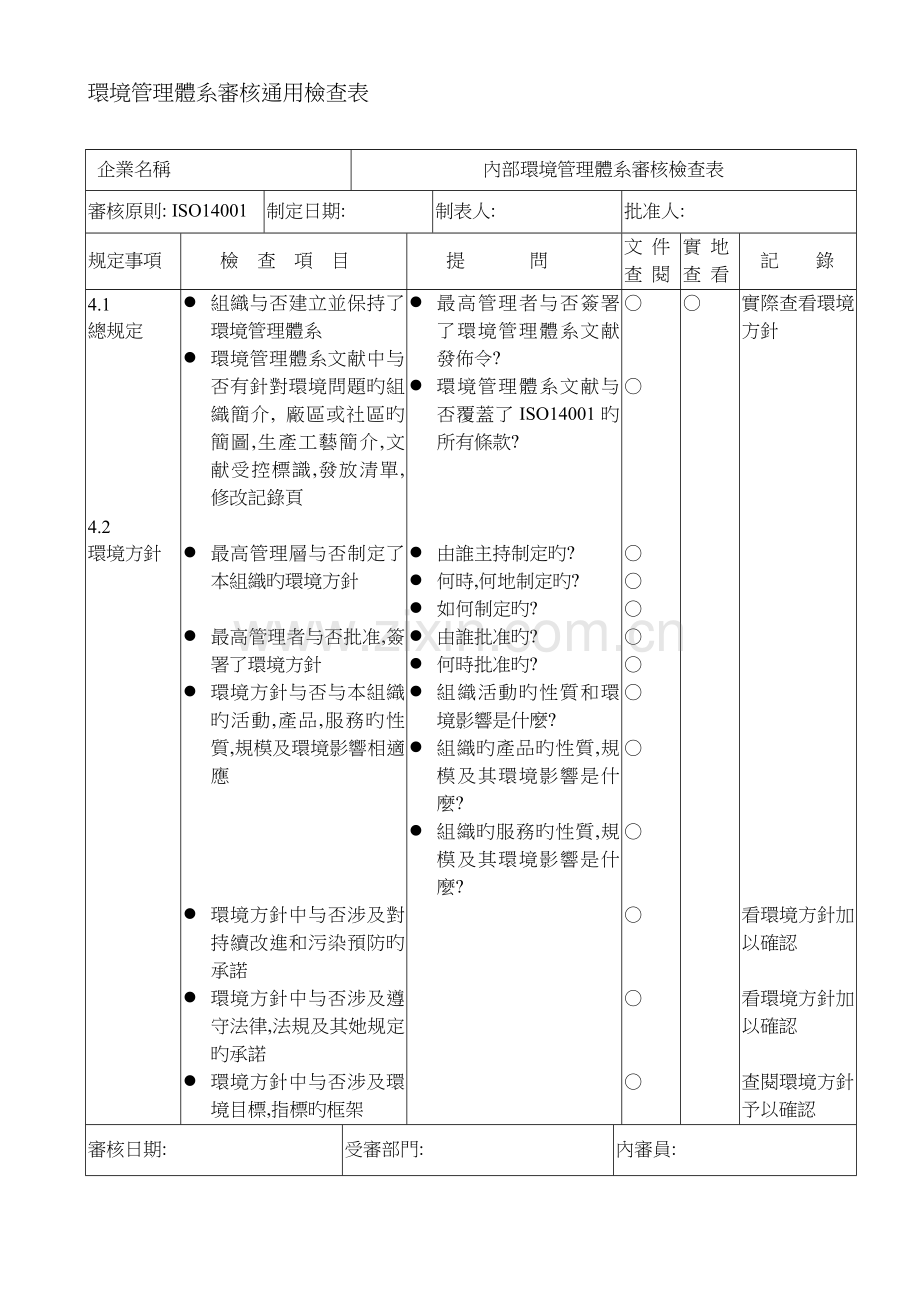 ISO14001环境管理全新体系审核通用检查表.docx_第1页