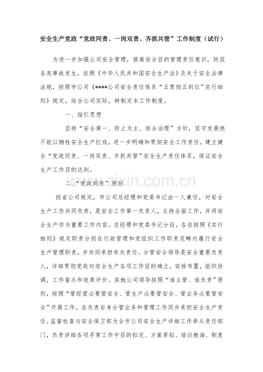 安全生产党政同责一岗双责齐抓共管工作新规制度.doc_第1页