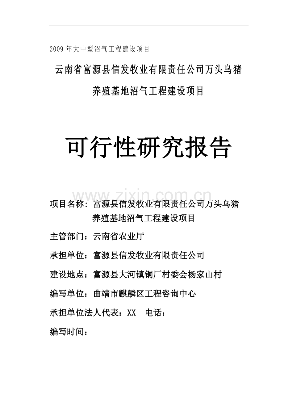 万头乌猪养殖基地沼气工程项目可行性研究报告.doc_第1页