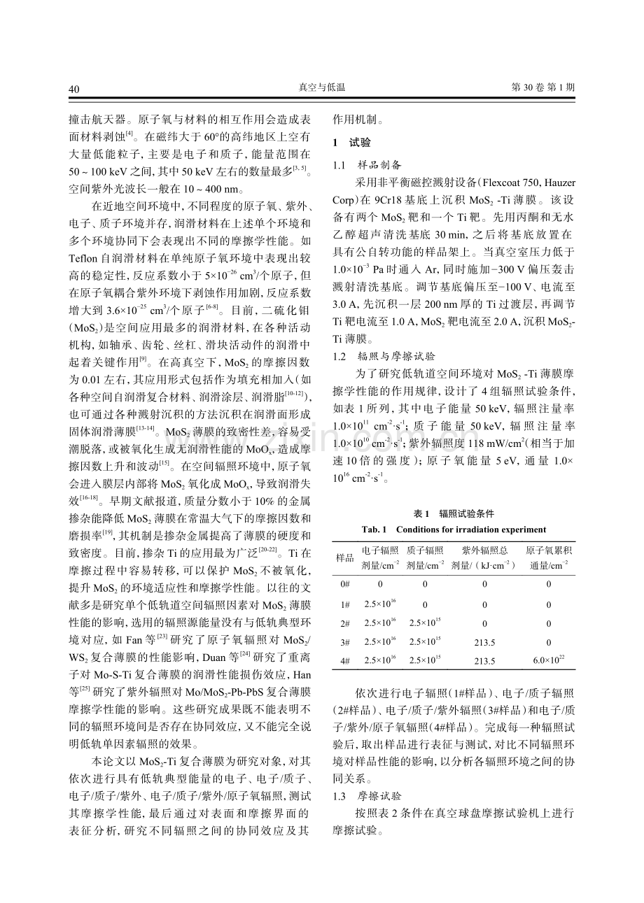 典型低轨辐照环境对MoS_%282%29-Ti薄膜真空摩擦学性能的影响.pdf_第2页