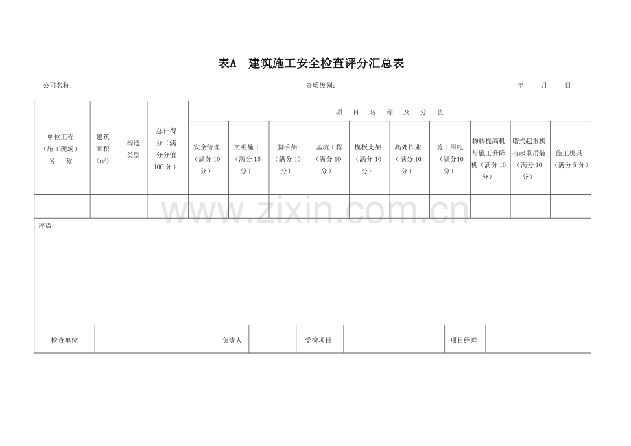 建筑工程综合项目施工安全检查统一标准评分表全套.doc_第1页