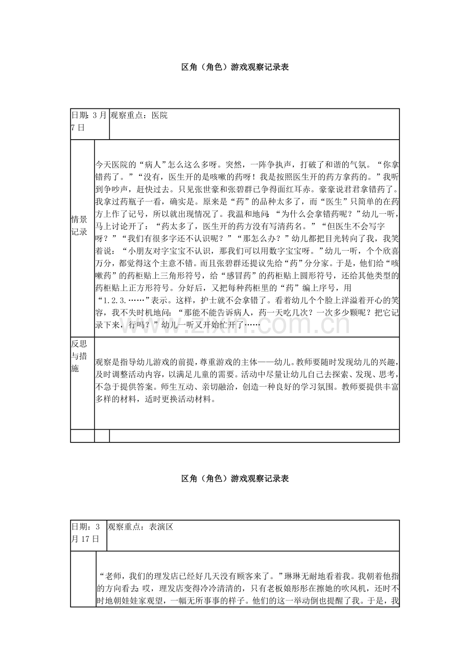 区角(角色)游戏观察记录表.doc_第1页